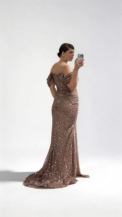 Brown Draped Bust  Side Flowing Sleeves Sequin Embellished Plus Size Evening Dress