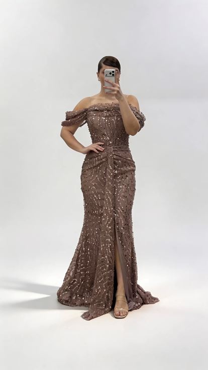Brown Draped Bust  Side Flowing Sleeves Sequin Embellished Plus Size Evening Dress