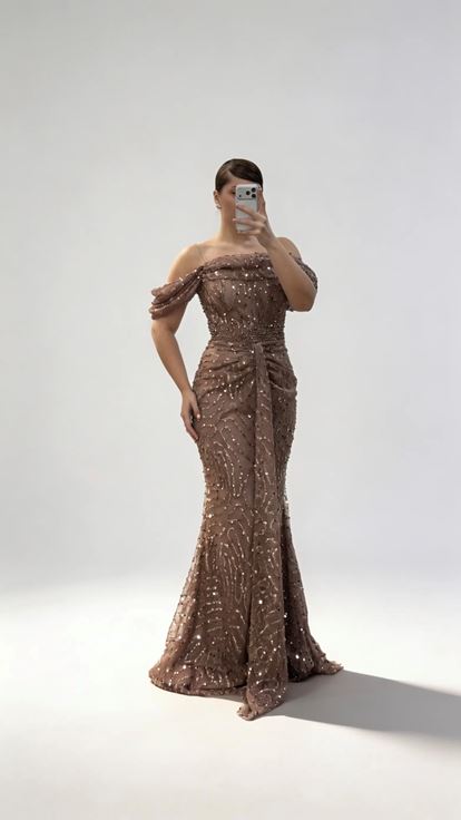 Brown Draped Bust  Side Flowing Sleeves Sequin Embellished Plus Size Evening Dress