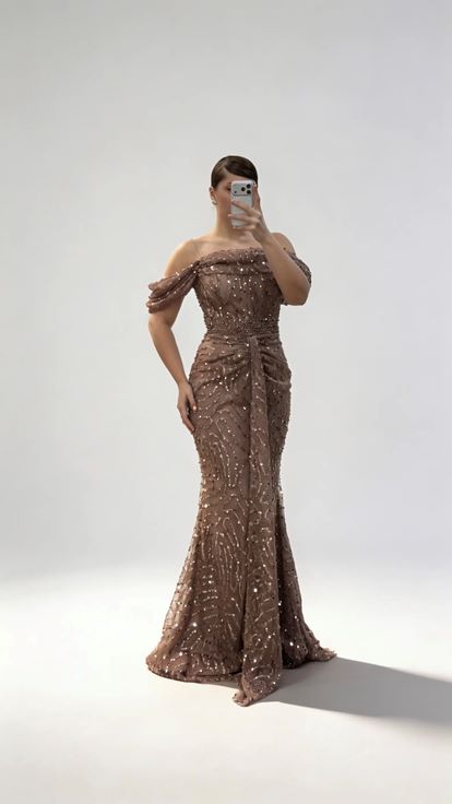 Brown Draped Bust  Side Flowing Sleeves Sequin Embellished Plus Size Evening Dress