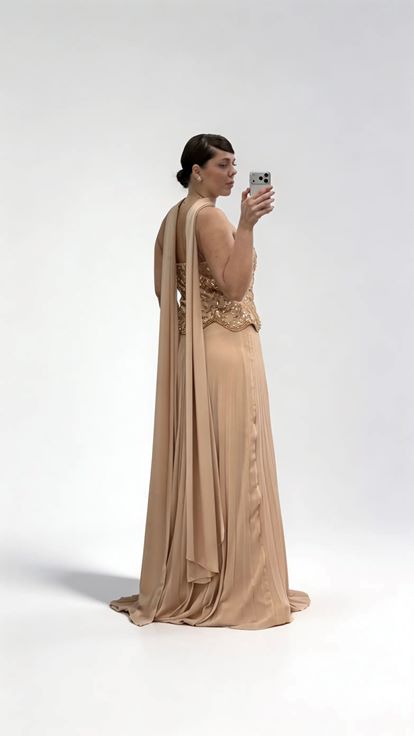 Langes Abendkleid in Übergröße mit goldenem Herzausschnitt  perlenbesetztem Chiffonrock