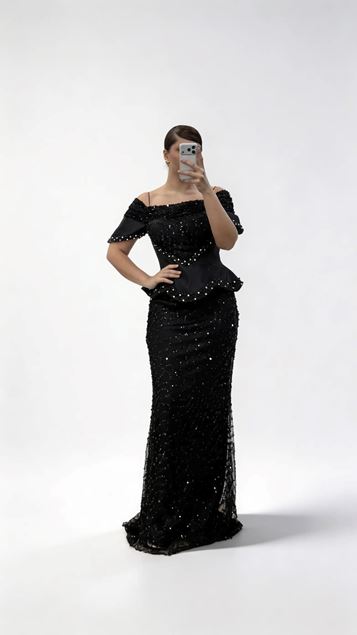 Siyah Düşük Omuz Şerit Katmanlı Korse Form Payetli Büyük Beden Abiye Elbise