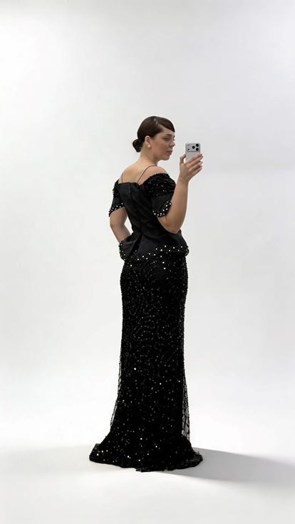 Schwarzes schulterfreies  trägerloses Pailletten Abendkleid in Übergröße mit Korsett Optik und Korsett Optik