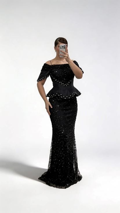 Schwarzes schulterfreies  trägerloses Pailletten Abendkleid in Übergröße mit Korsett Optik und Korsett Optik