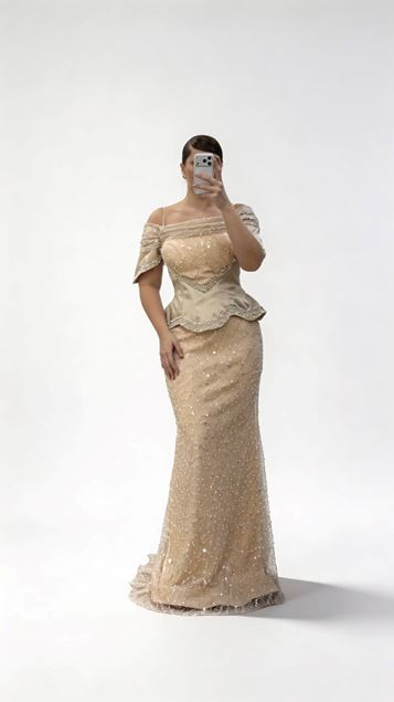 Gold Düşük Omuz Şerit Katmanlı Korse Form Payetli Büyük Beden Abiye Elbise