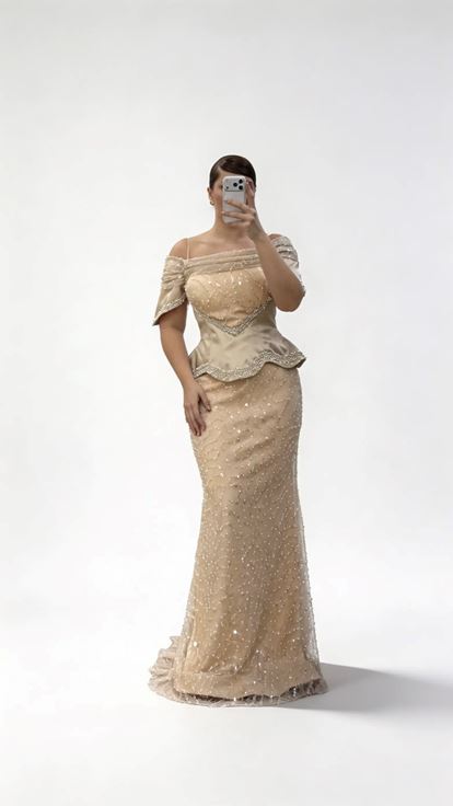 Goldenes  schulterfreies  mehrlagiges Pailletten Abendkleid in Korsettform in Übergröße