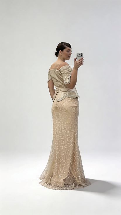 Goldenes  schulterfreies  mehrlagiges Pailletten Abendkleid in Korsettform in Übergröße