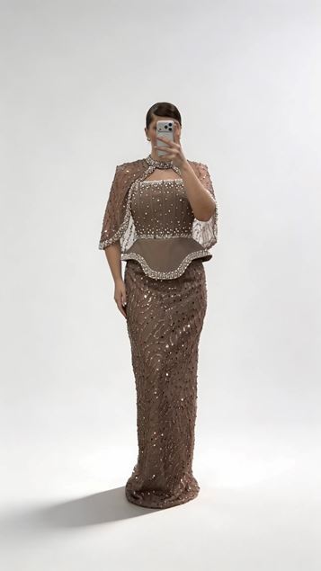 Kahverengi Straplez  Pelerinli Pul Payet Büyük Beden Abiye Elbise