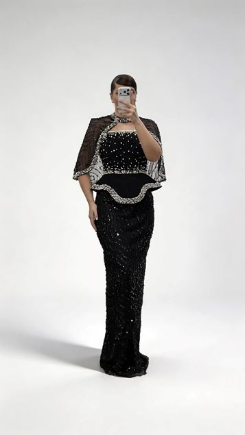 Siyah Straplez  Pelerinli Pul Payet Büyük Beden Abiye Elbise