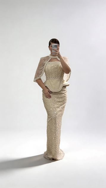 Gold Straplez  Pelerinli Pul Payet Büyük Beden Abiye Elbise