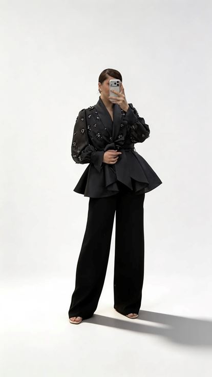 Abendhosen Set in Übergröße mit schwarzer  perlenbesetzter Chiffonjacke