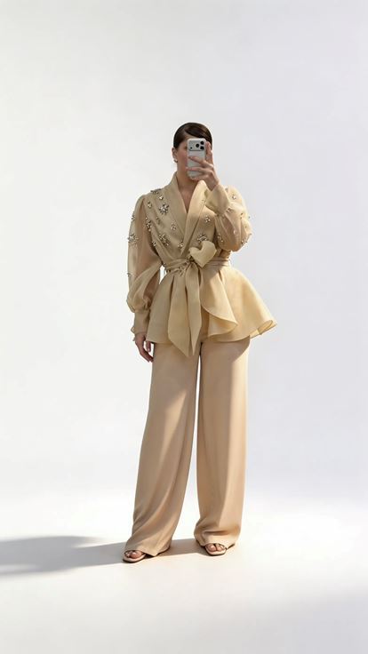 Abendkleid Hosen Set in Übergröße mit nudefarbener  perlenbesetzter Chiffonjacke