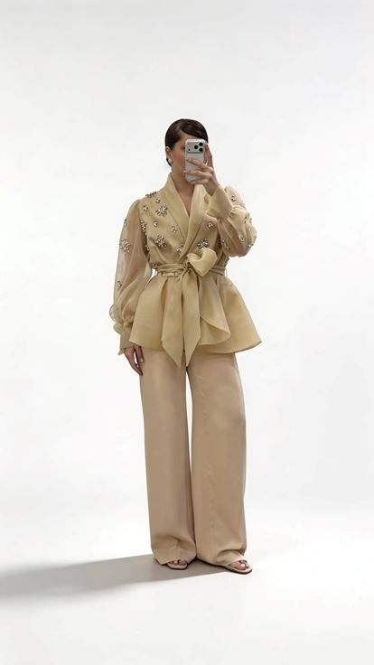 Abendkleid Hosen Set in Übergröße mit nudefarbener  perlenbesetzter Chiffonjacke