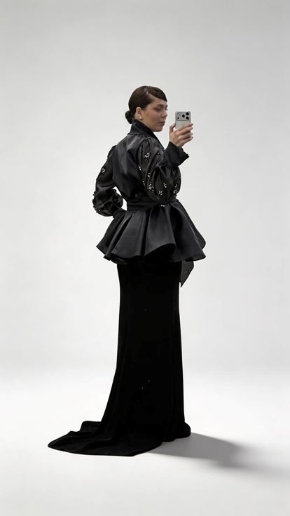 Abendkleid Set in Übergröße mit schwarzer  perlenbesetzter Chiffonjacke und Unterkleid