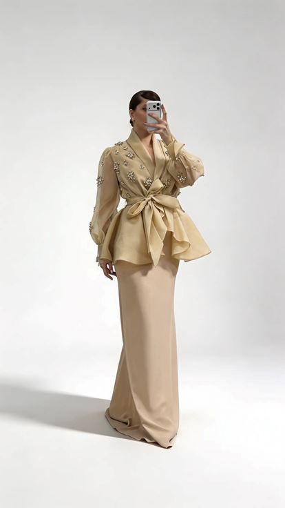 Abendkleid Set in Übergröße mit nudefarbener  perlenbesetzter Chiffonjacke und Unterkleid