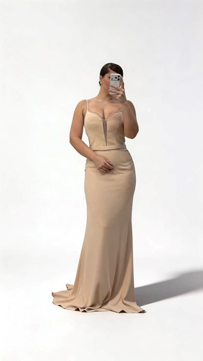 Abendkleid Set in Übergröße mit nudefarbener  perlenbesetzter Chiffonjacke und Unterkleid