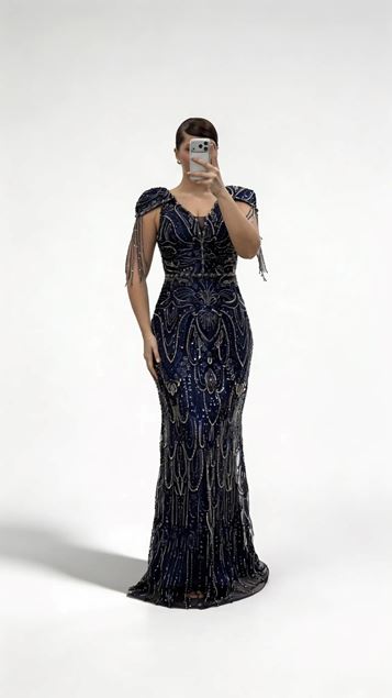 Lacivert V Yaka   Zincir Püskül Detaylı Abiye Elbise