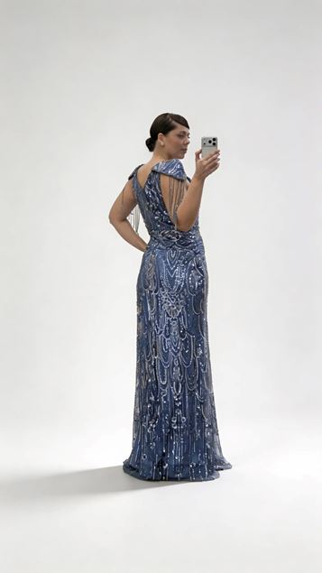 İndigo V Yaka   Zincir Püskül Detaylı Abiye Elbise