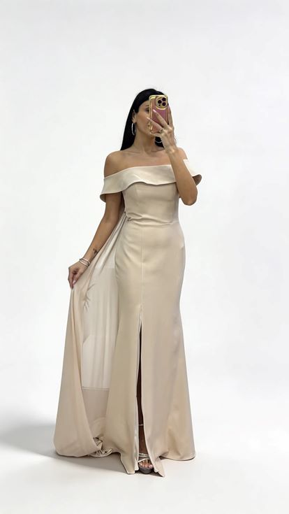 Gold Pelerinli Düşük Omuz  Volanlı Abiye Elbise