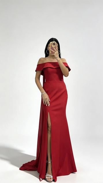 Rotes Cape  schulterfreies  gerüschtes Abendkleid