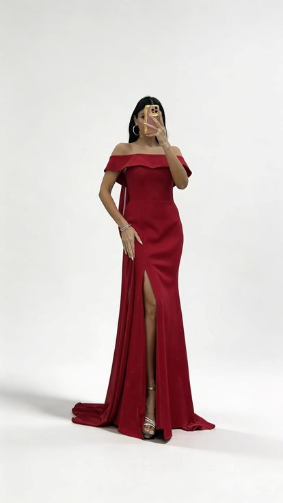 Rotes Cape  schulterfreies  gerüschtes Abendkleid