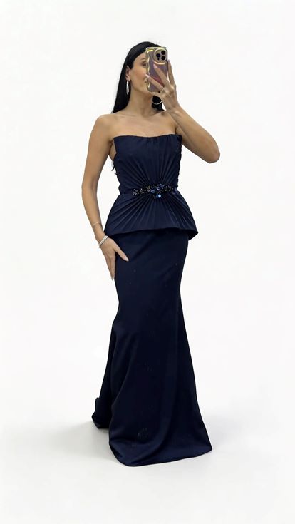 Lacivert Zarif Piliseli Peplum Üst  Taş İşlemeli Uzun Abiye Elbise