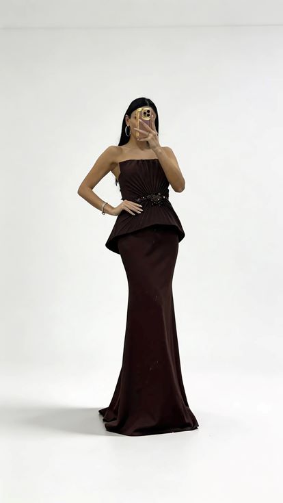 Kahverengi Zarif Piliseli Peplum Üst  Taş İşlemeli Uzun Abiye Elbise