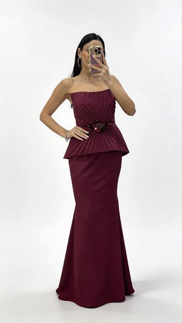 Elegantes  burgunderrotes  plissiertes Peplum Top  langes  mit Steinen verziertes Abendkleid