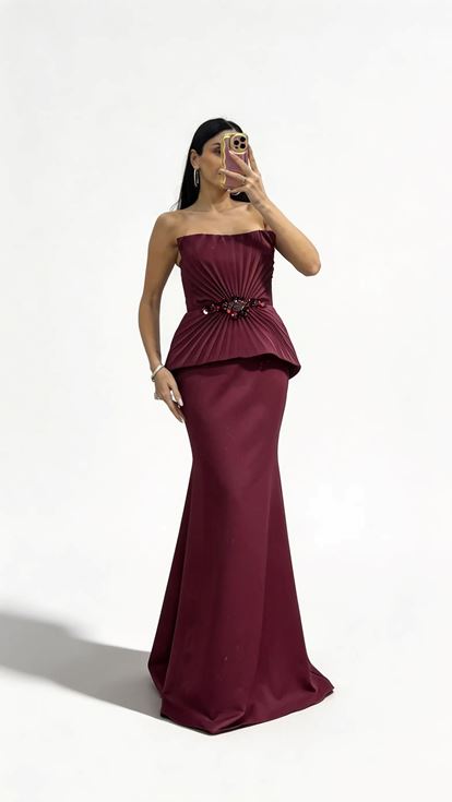 Bordo Zarif Piliseli Peplum Üst  Taş İşlemeli Uzun Abiye Elbise