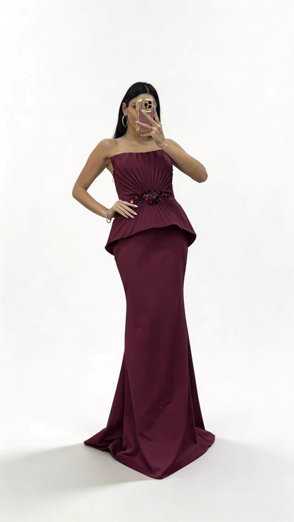 Bordo Zarif Piliseli Peplum Üst  Taş İşlemeli Uzun Abiye Elbise