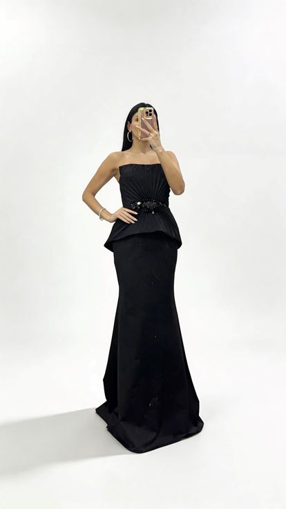 Elegantes schwarzes  plissiertes Peplum Top  langes  mit Steinen verziertes Abendkleid