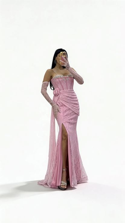 Puderrosa  detailreiches  drapiertes Spitzen Abendkleid