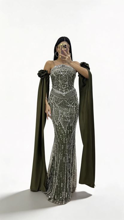 Khakifarbenes  drapiertes Abendkleid mit Rosenapplikationen an den Ärmeln und Strassverzierungen