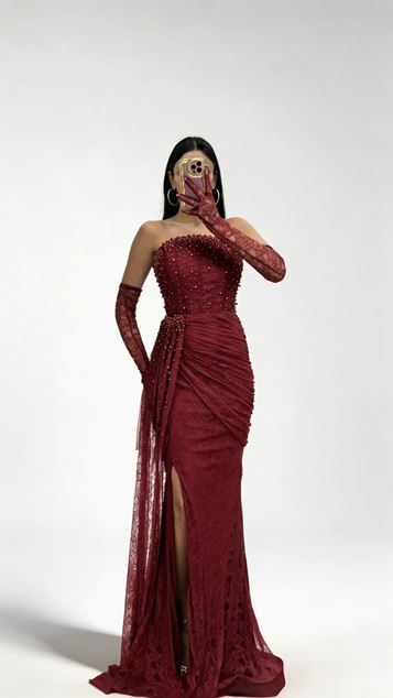Burgundy Strapless Lace Textured Pearl Embellished Evening Dress