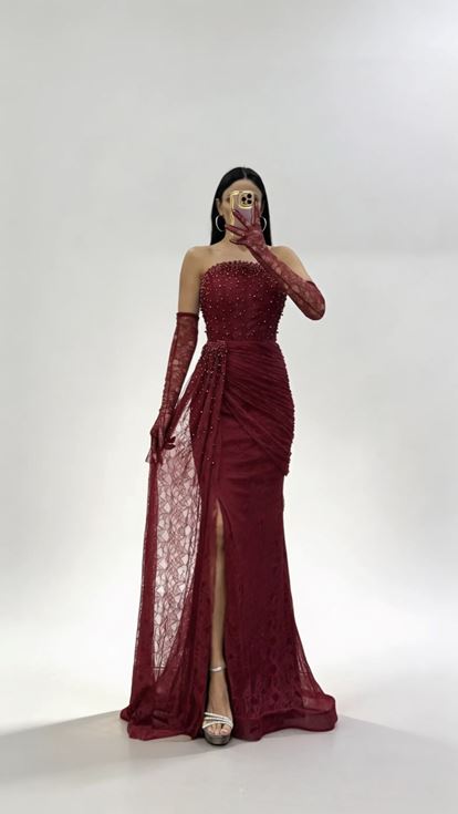 Bordo Straplez Dantel Dokulu İnci İşlemeli Abiye Elbise