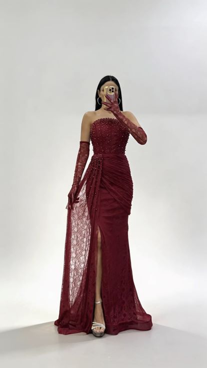 Bordo Straplez Dantel Dokulu İnci İşlemeli Abiye Elbise