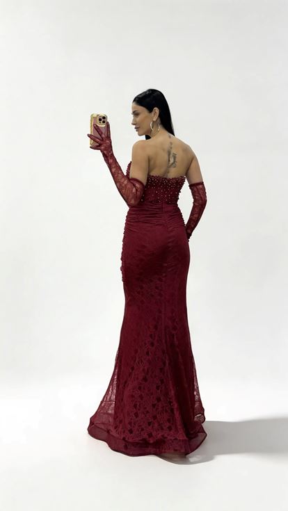 Bordo Straplez Dantel Dokulu İnci İşlemeli Abiye Elbise