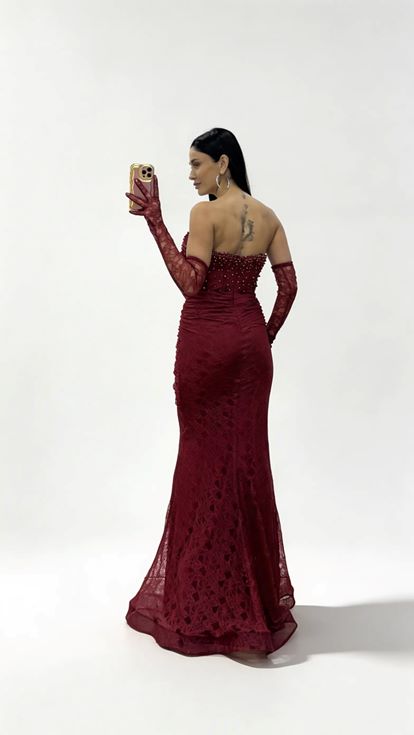 Bordo Straplez Dantel Dokulu İnci İşlemeli Abiye Elbise