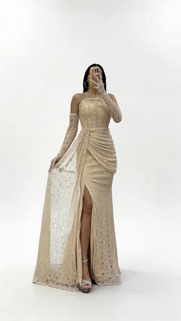 Gold Strapless Lace Textured Pearl Embellished Evening Dress
