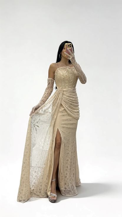 Gold Straplez Dantel Dokulu İnci İşlemeli Abiye Elbise