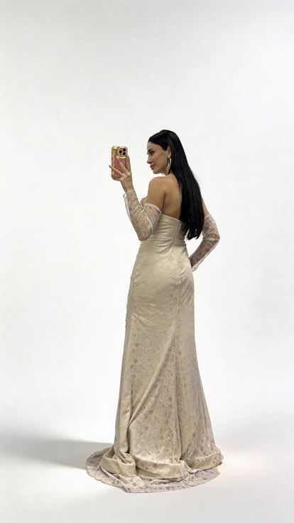 Bej Straplez  Taş Tokalı Dantel Abiye Elbise