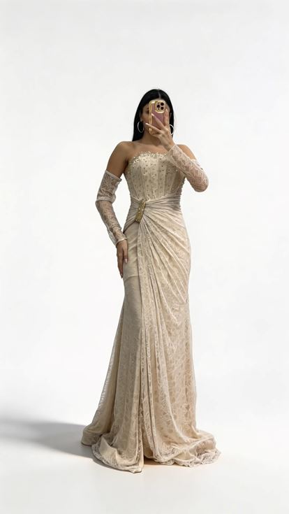 Bej Straplez  Taş Tokalı Dantel Abiye Elbise