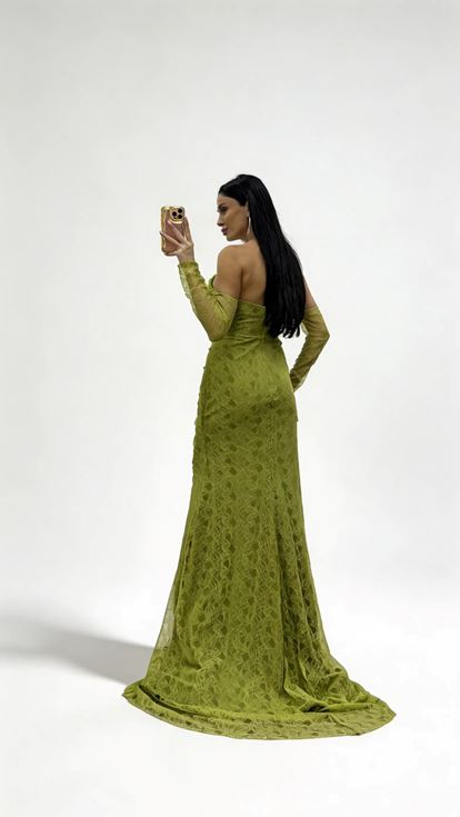 Elma Yeşili Straplez  Taş Tokalı Dantel Abiye Elbise