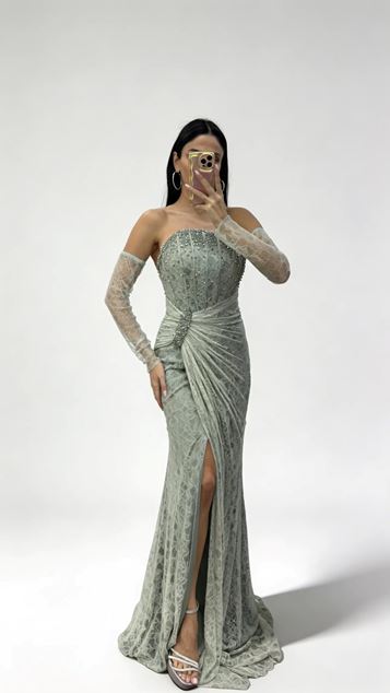 Çağla Strapless  Stone Buckle Lace Evening Dress