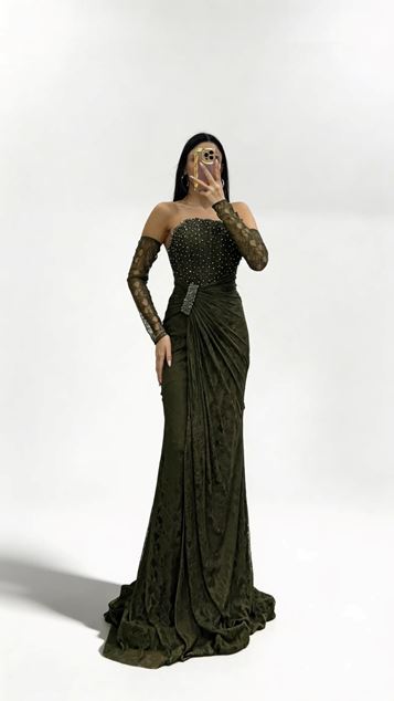 Olive Strapless Lace Evening Dress with Stone Buckle