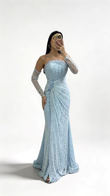 Baby Blue Strapless Lace Evening Dress with Stone Buckle