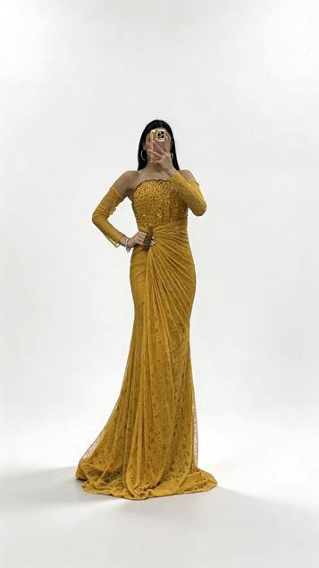 Mustard Strapless Lace Evening Dress with Stone Buckle