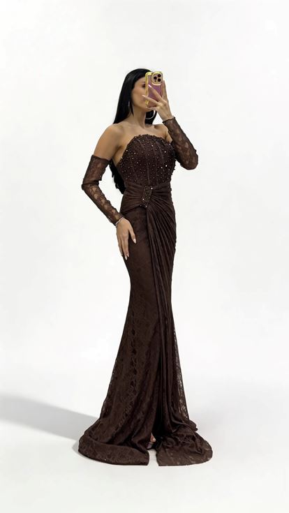 Kahverengi Straplez  Taş Tokalı Dantel Abiye Elbise