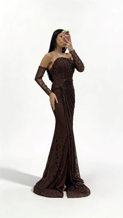 Kahverengi Straplez  Taş Tokalı Dantel Abiye Elbise