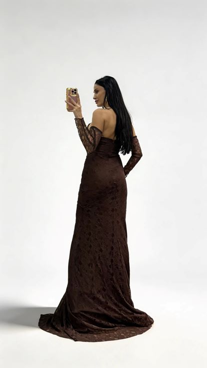 Kahverengi Straplez  Taş Tokalı Dantel Abiye Elbise